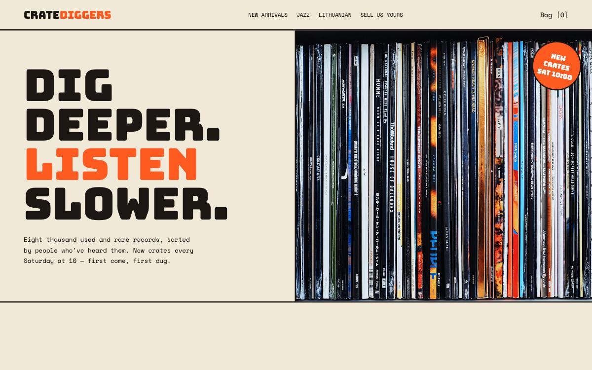 Crate Diggers – svetainės dizaino pavyzdys