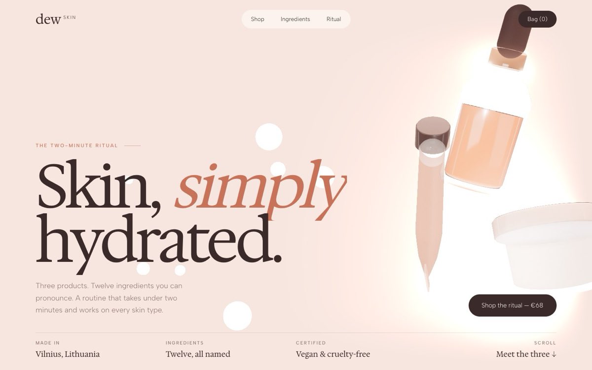 Dew Skin – svetainės dizaino pavyzdys