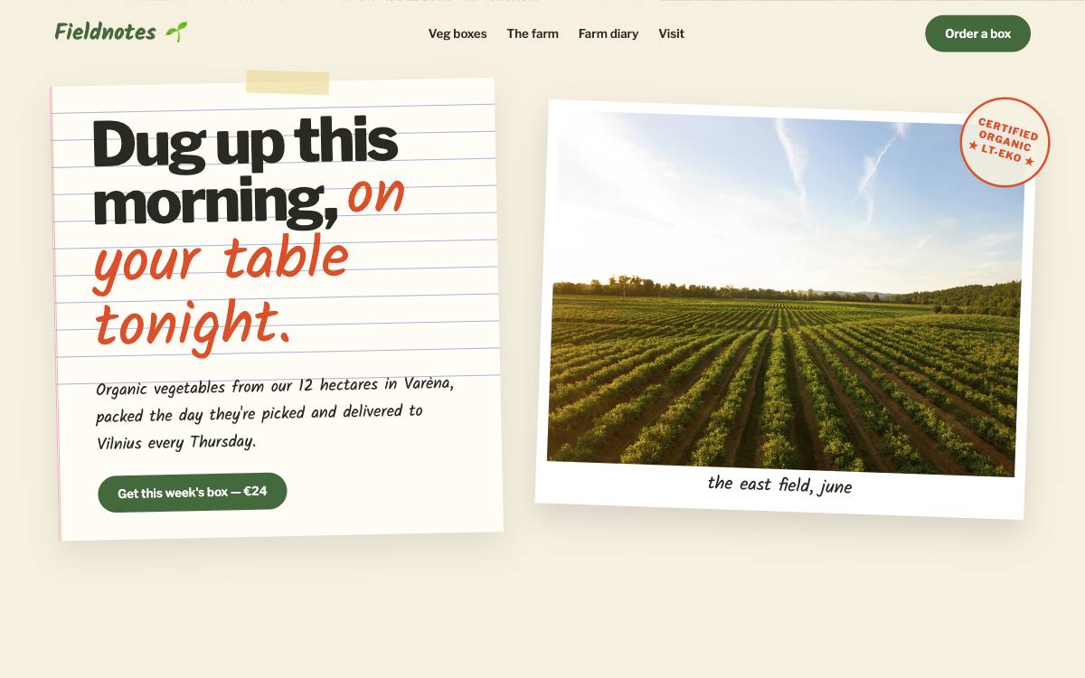 Fieldnotes Farm – svetainės dizaino pavyzdys
