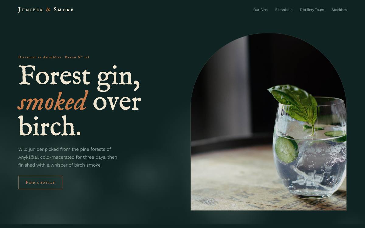 Juniper & Smoke – svetainės dizaino pavyzdys