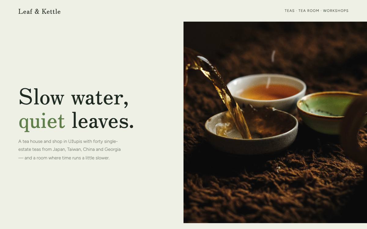Leaf & Kettle – svetainės dizaino pavyzdys
