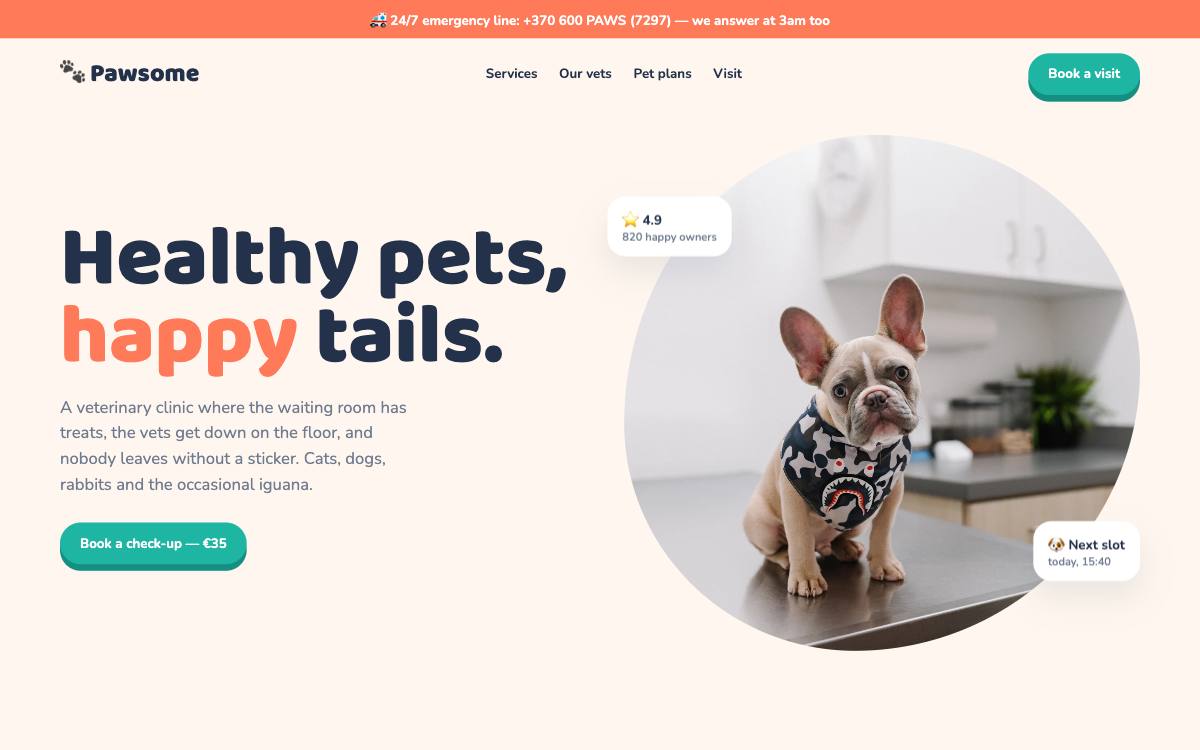 Pawsome – svetainės dizaino pavyzdys