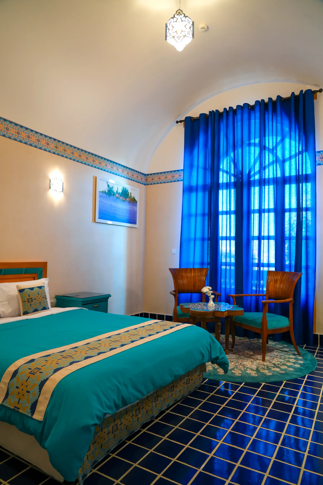 Room with blue curtains