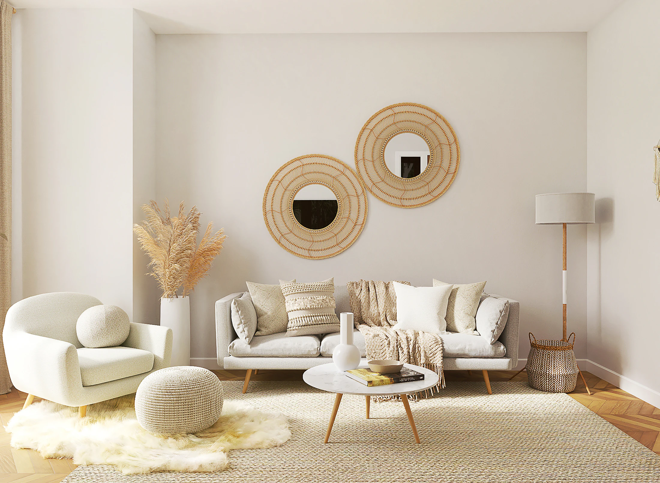 Living room with sofa and mirror