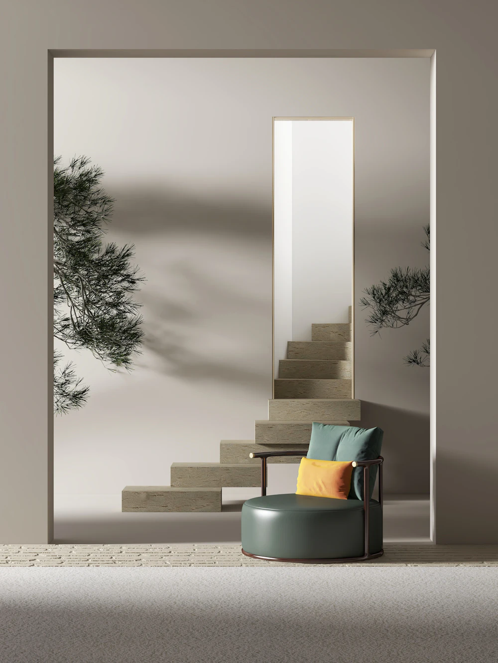 Green armchair by stone stairs
